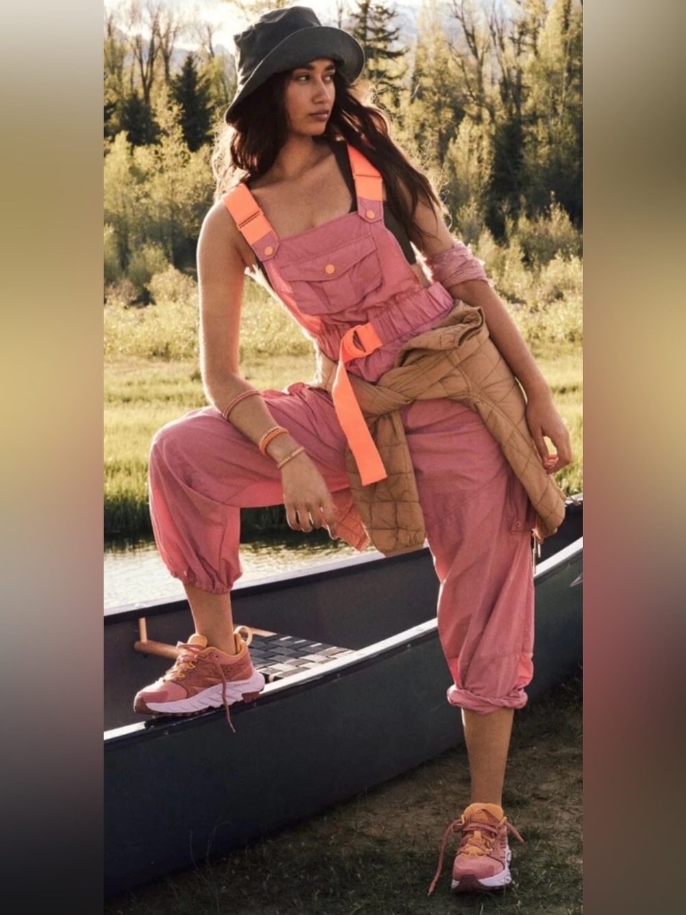 Free People FP Movement M Morning Meadow Pink Orange Cargo Overalls Jumpsuit Y2K
